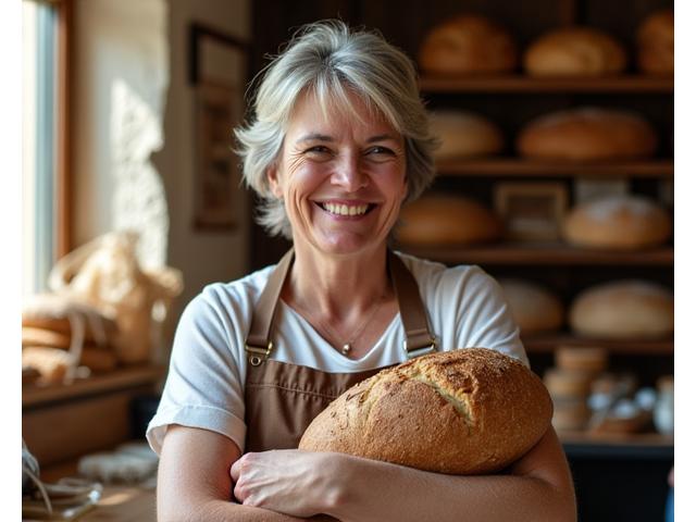 Blossom & Grain Provisions founder sharing a story in a sunlit bakery.