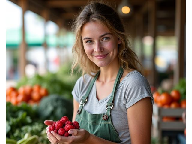Portrait of Charlotte Greene, Sourcing Coordinator, inspecting fresh produce.