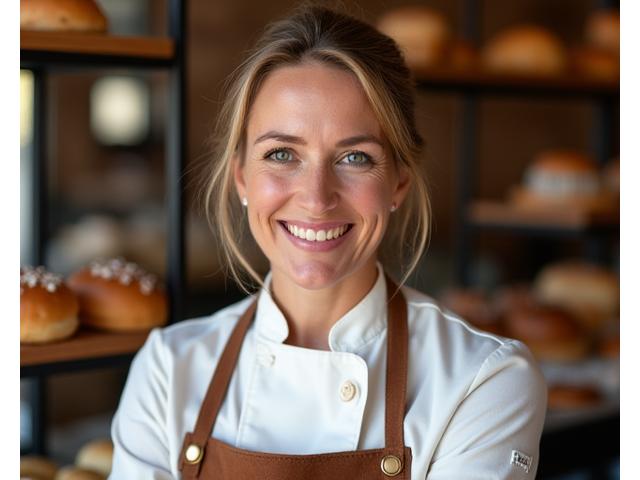 Portrait of Eleanor Vance, Founder and Head Baker, smiling warmly.