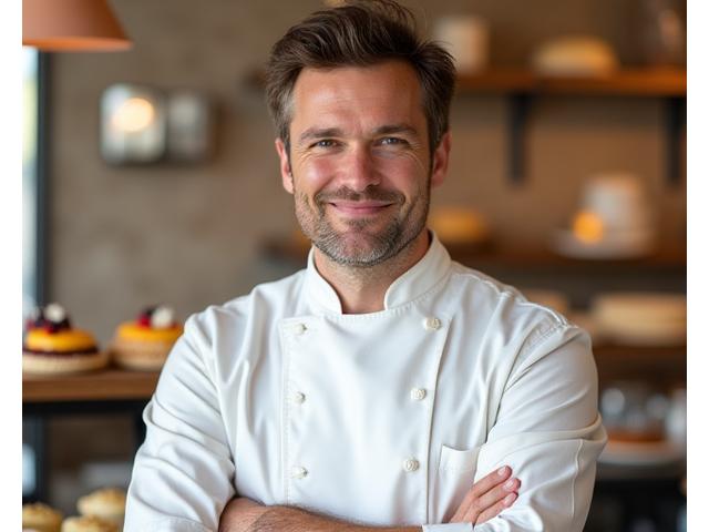 Portrait of Oliver Thorne, Pastry Chef, holding a finished tart.