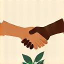 Icon representing two hands shaking over a stylized leaf, symbolizing community and local support.