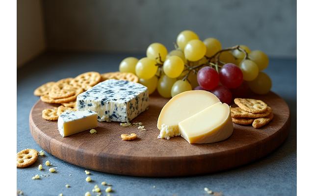 A carefully arranged selection of artisan cheeses with accompanying grapes, crackers, and a wooden cheese knife on a rustic board.