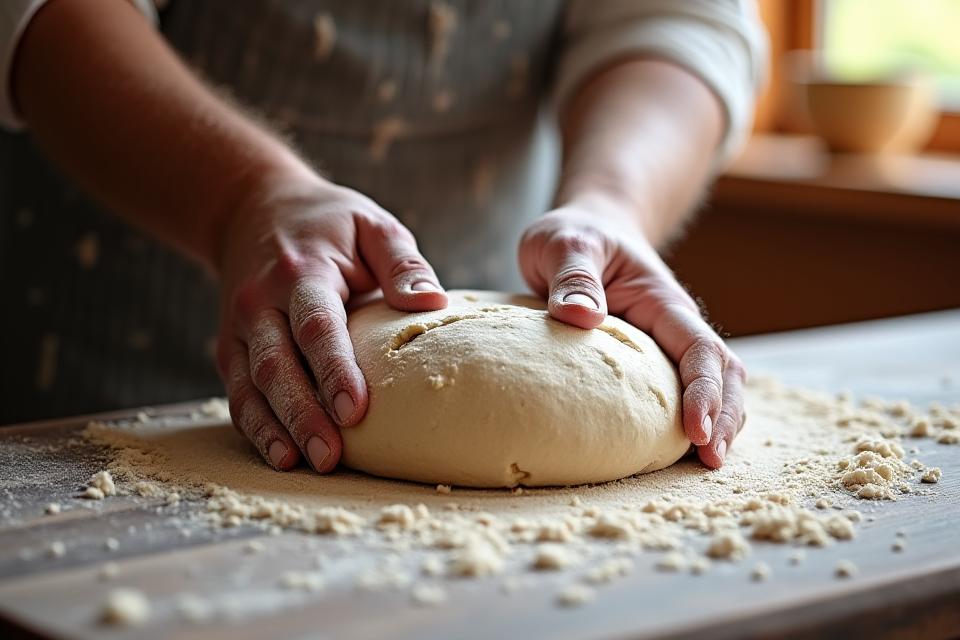 A close-up shot of a baker's hands expertly shaping raw sourdough dough on a floured wooden surface, conveying craftsmanship.