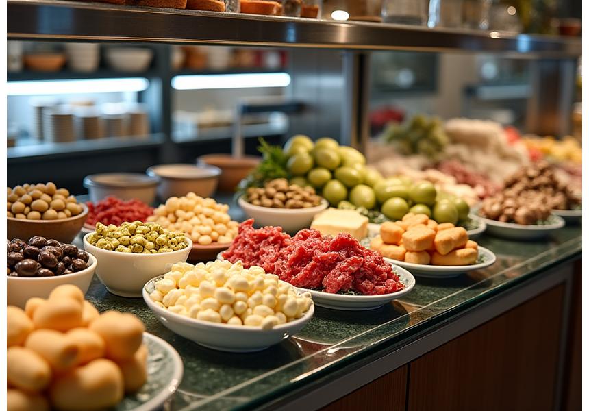 An inviting view of a well-stocked deli counter featuring various gourmet items like cheeses, olives, and prepared foods, behind a glass display.