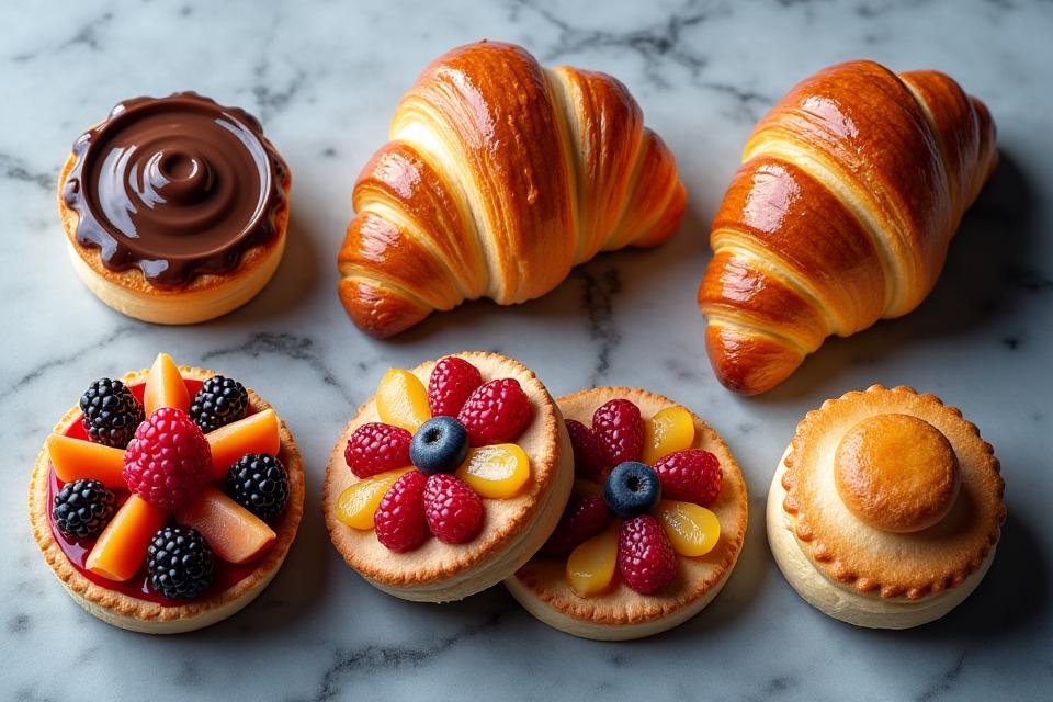 A decadent assortment of glossy French pastries including croissants, pain au chocolat, and fruit tarts, elegantly arranged on a marble counter.
