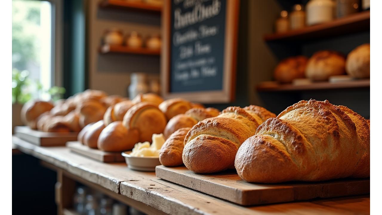A vibrant display of freshly baked artisan breads and golden pastries on wooden shelves, with a chalkboard displaying 'Today's Specials' in an inviting bakery setting.