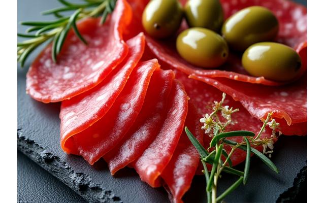 A delectable array of thinly sliced cured meats, including salami and prosciutto, artfully arranged on a wooden board with olives and herbs.
