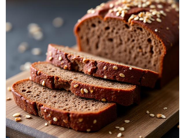 A hearty whole grain bread loaf, rich brown in color with visible grains, sliced on a wooden surface with scattered oats.