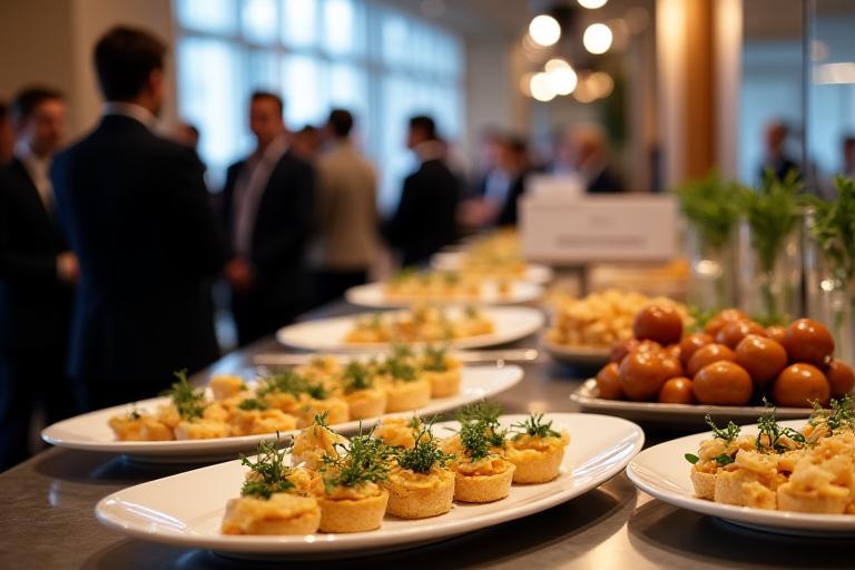 Corporate networking event with elegant food display