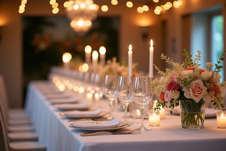 Candlelit wedding reception table with floral centerpieces