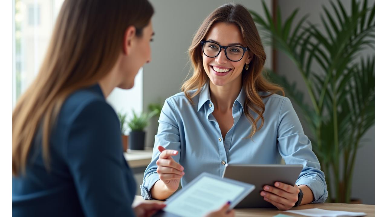 A professional business consultant smiling and explaining options to a client, showcasing dedicated service