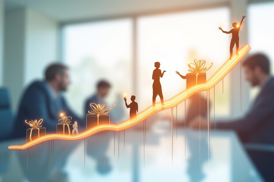 Graph trending upwards indicating positive business growth, overlaid with subtle, professional illustrations of gift boxes and happy people