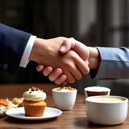 Handshake over a table with gourmet coffee and pastries, symbolizing client appreciation