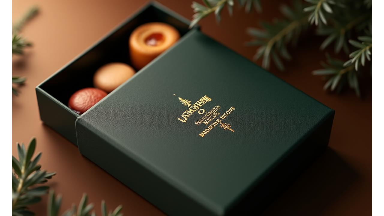 Close-up of a elegant gift box with a custom printed corporate logo on the lid, surrounded by artisan products