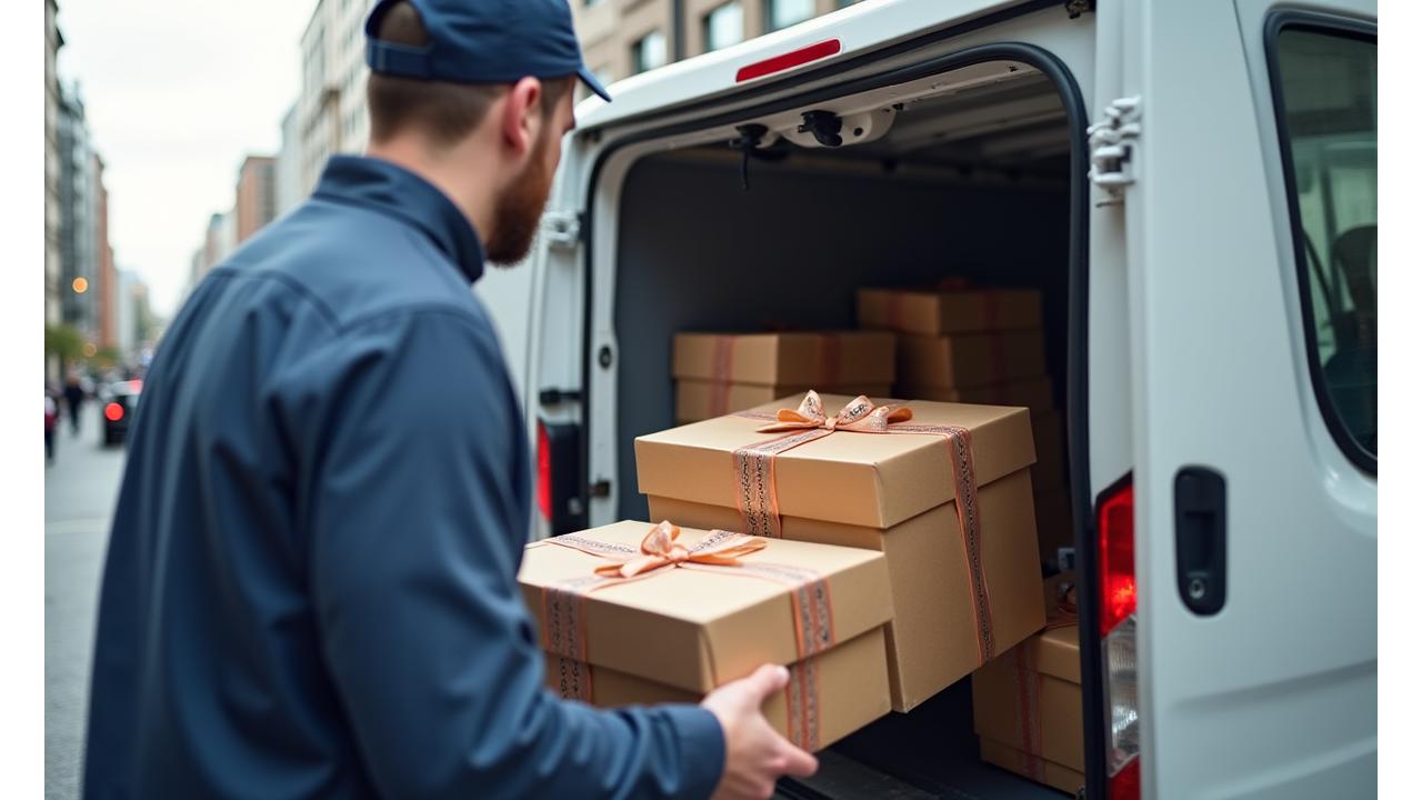 A delivery van with branded packaging being loaded, with a blurred backdrop of a city street, emphasizing efficient logistics