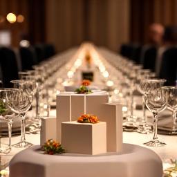 Elegant conference table with small branded gift bags at each setting, ready for event attendees