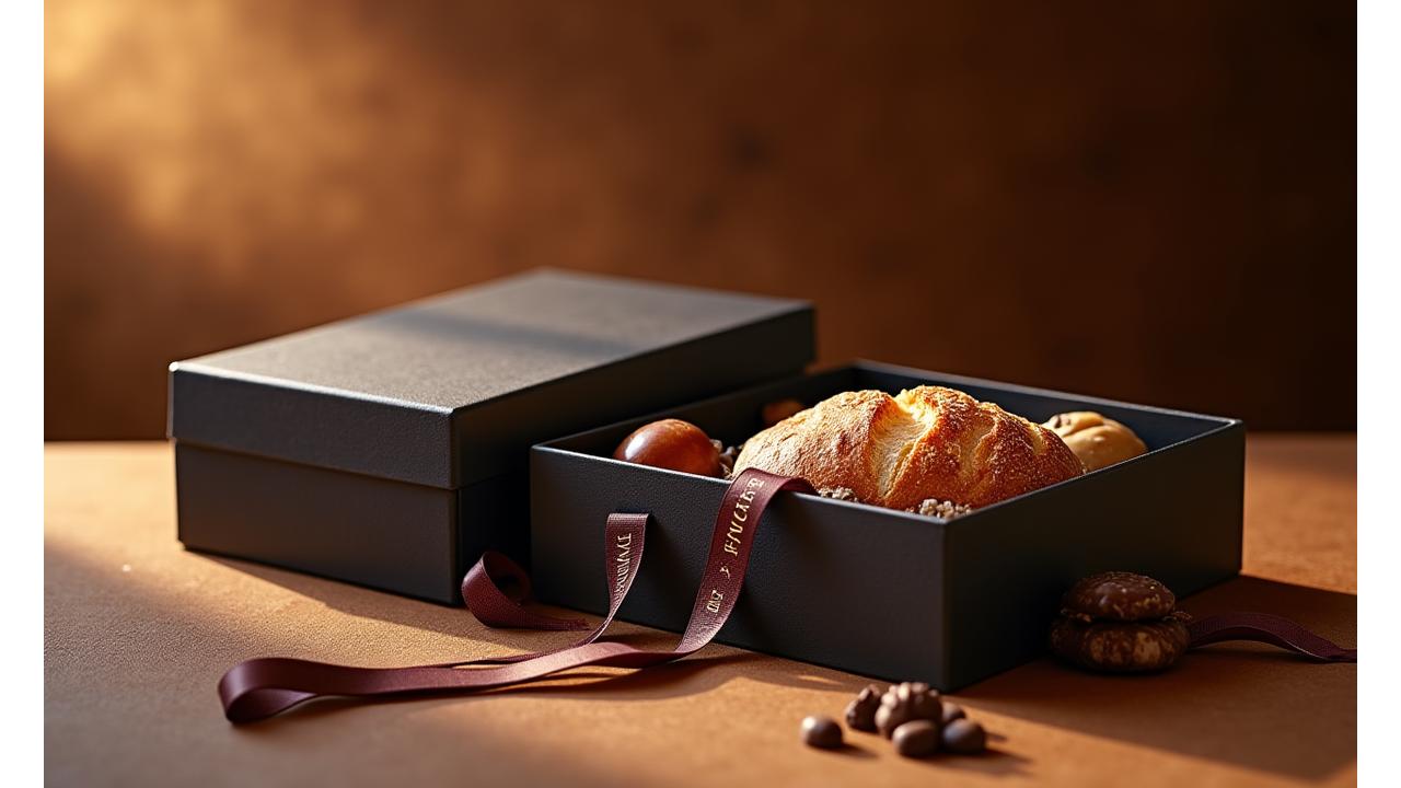 Elegantly presented corporate gift box with branded ribbon and gourmet artisanal food items