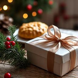 Cozy holiday scene with festive lights, a wrapped gift, and artisanal baked goods