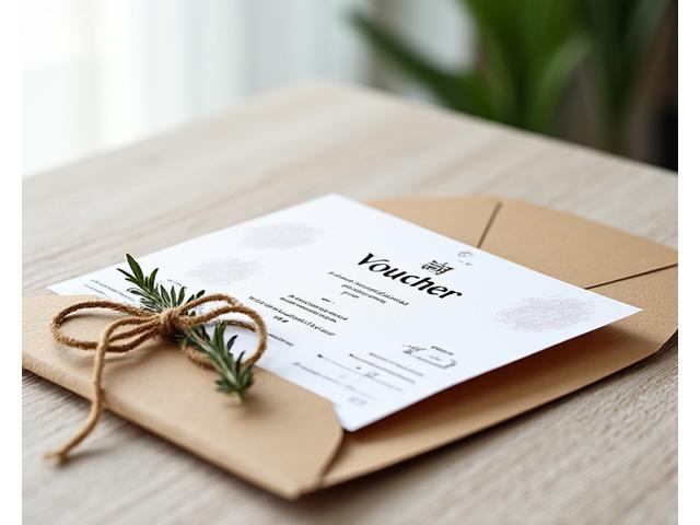 A beautifully wrapped gift voucher in a rustic brown paper envelope with a raffia bow and a small sprig of fresh herbs, placed on a wooden table.