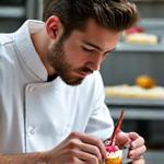 Portrait of Ben Carter, Pastry Chef, focused on decorating a cake.