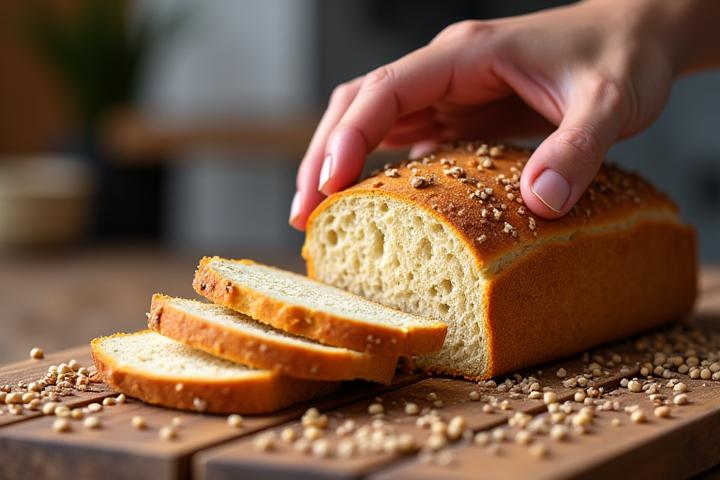 Close-up of golden ancient grain bread being sliced, with various whole grains and seeds scattered on a wooden board.