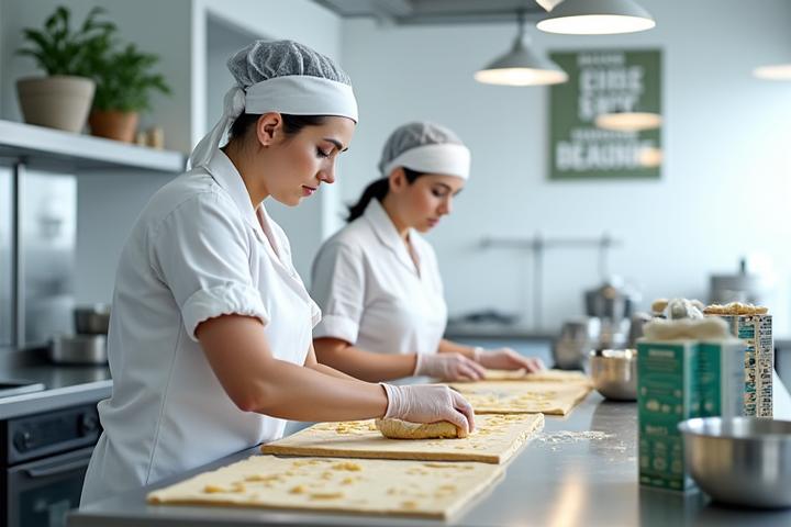 Clean, brightly lit bakery kitchen with staff wearing gloves and hairnets, working in a dedicated gluten-free zone, clearly marked.