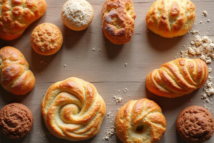 Assortment of vibrant gluten-free breads, pastries, and treats, clearly labeled with dietary indicators.