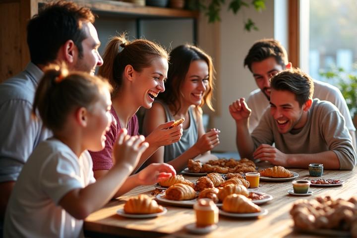 A diverse group of people smiling and enjoying various gluten-free pastries and breads, clearly delighted by the taste.