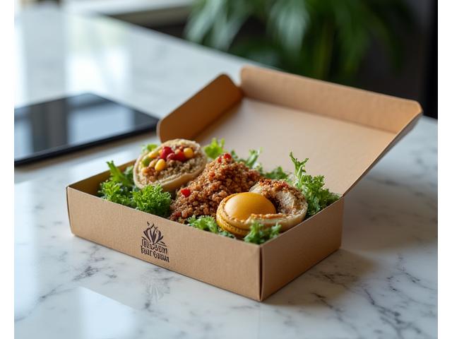 Professionally arranged business lunch box with elegant sandwiches and a small fruit salad, suitable for a corporate meeting.