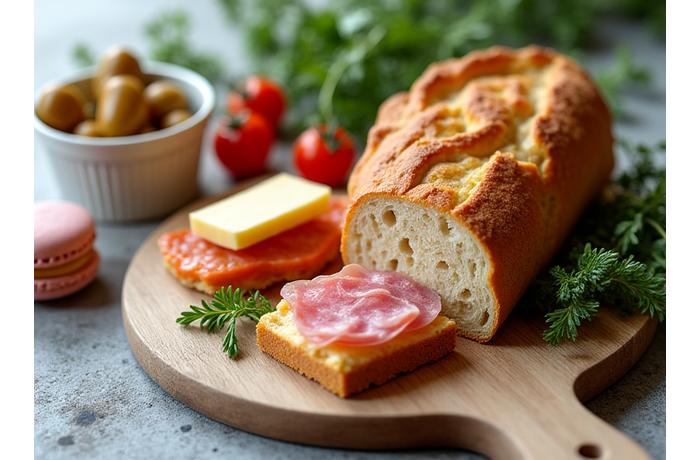 Close-up of a variety of gourmet components from a picnic box: a perfectly baked croissant, fresh berries, artisan cheese, and delicate charcuterie.