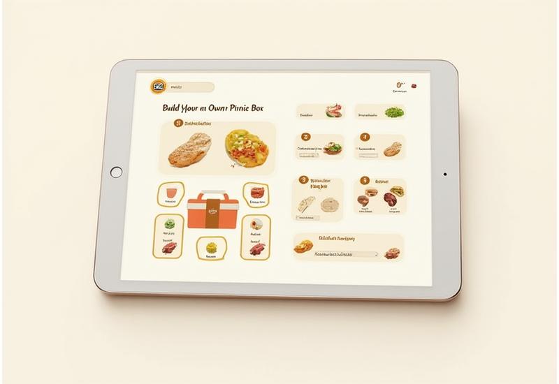 A digital interface showing customization options for a picnic box, with various food items being selected and added.