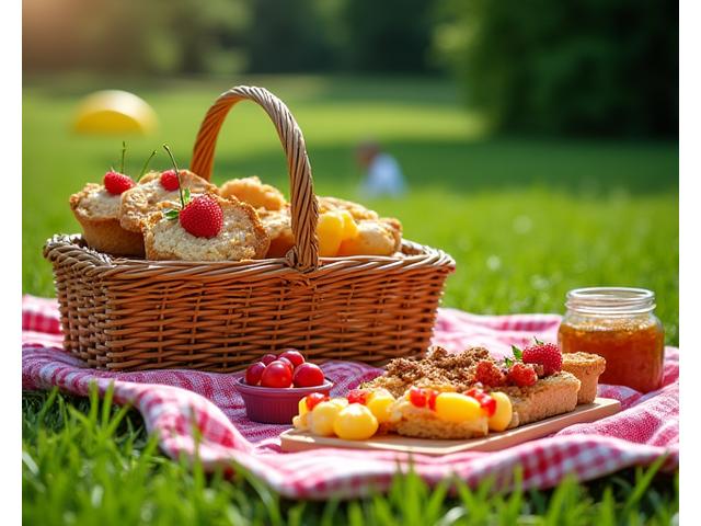 Family picnic box with kid-friendly sandwiches, fruit skewers, and cookies, laid out for a family outing in a park.