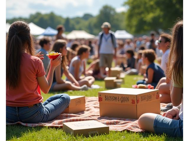 A large outdoor group event, possibly a festival or retreat, with many people enjoying their individual picnic boxes in a relaxed setting.
