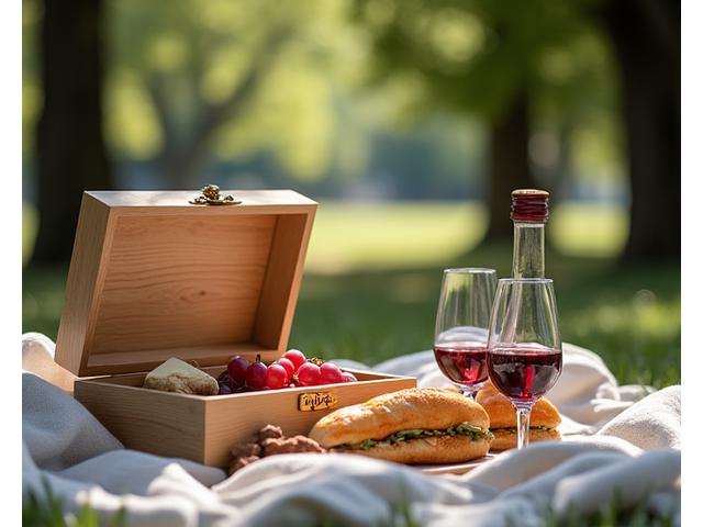 Romantic picnic box with wine, cheese, and artisan bread, set on a checkered blanket in a sunny meadow.