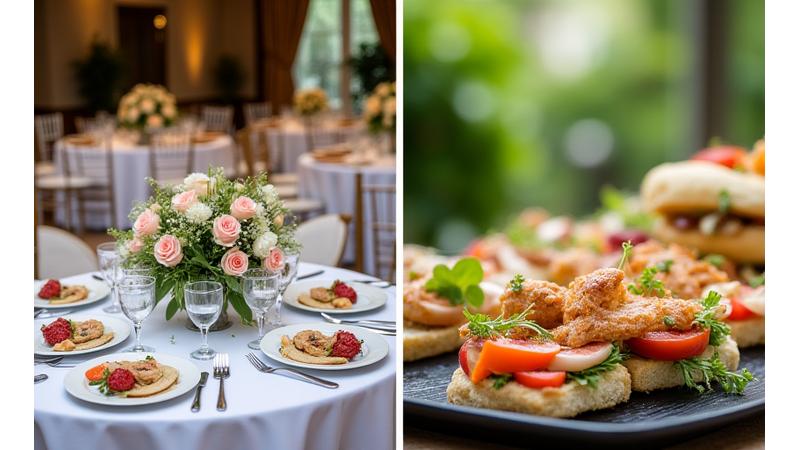 Montage of various catering events: wedding, corporate lunch, garden party, showcasing diverse food displays and happy guests.