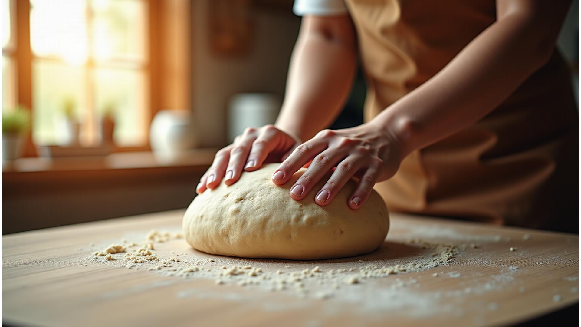 Artisan baker kneading dough on a rustic wooden table, bathed in warm, natural light.