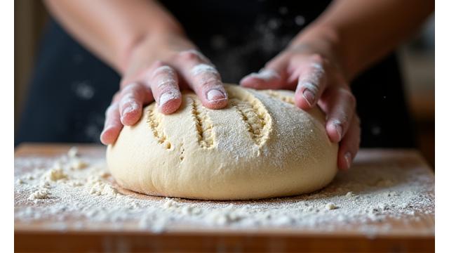 Artisan baker's hands dusting flour onto a perfectly proofed sourdough loaf before it goes into the oven, soft diffused lighting.