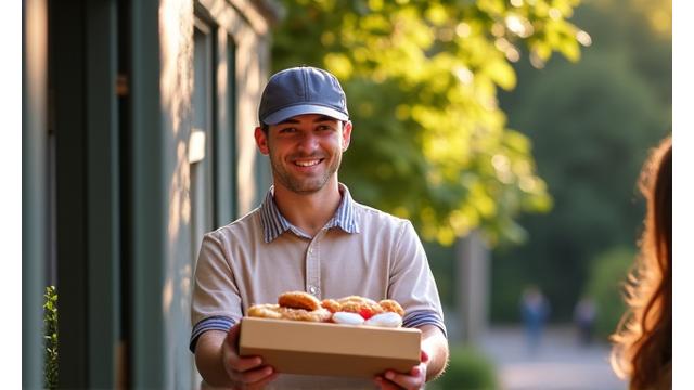 A friendly delivery driver handing over a neatly packaged gourmet food hamper to a customer at their doorstep, sunlit.