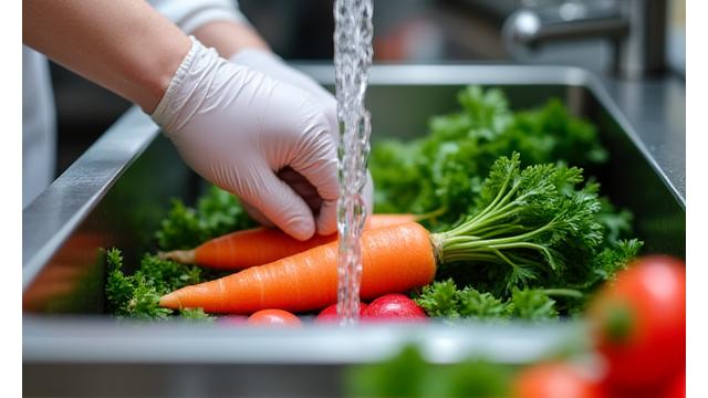 A chef meticulously washing fresh, vibrant organic vegetables at a stainless steel kitchen sink.