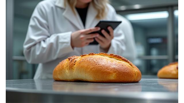 A food scientist in a lab coat inspecting freshly baked bread for quality control, using a magnifying glass.