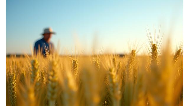 An organic wheat field under a blue sky, with a farmer inspecting the crops in the foreground.