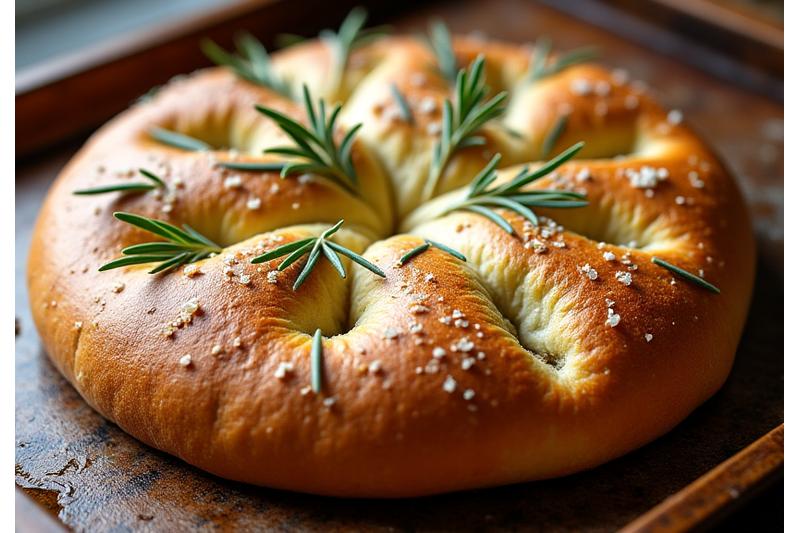 Golden, airy sourdough focaccia bread with rosemary and sea salt, drizzled with olive oil, on a rustic baking sheet.