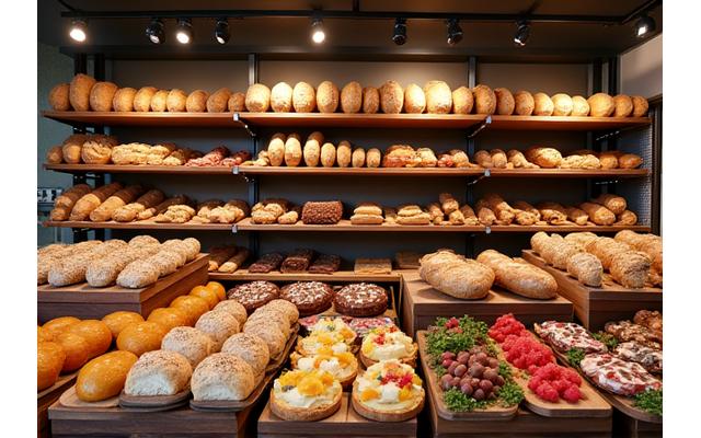 Freshly baked sourdough bread and artisan pastries on a wooden display within a modern bakery setting.