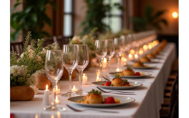 Elegant long table set for a wedding reception, adorned with floral arrangements and gourmet plated dishes.