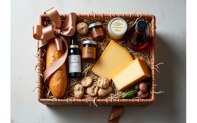 Luxurious gourmet food hamper filled with artisanal cheeses, fresh bread, a bottle of wine, and local preserves, tied with a ribbon.