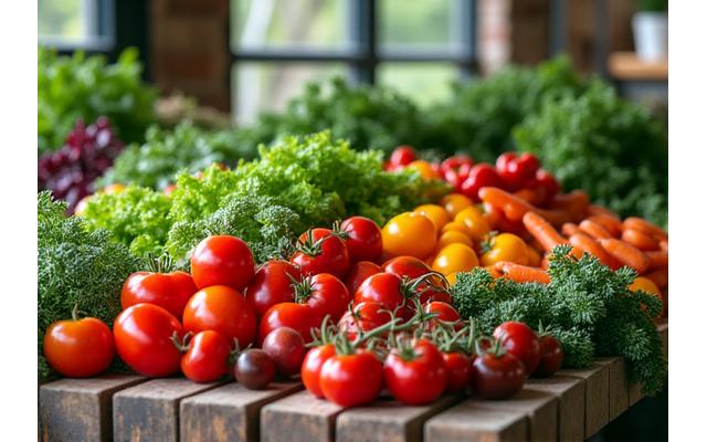 Farmer's market stall showcasing a bountiful display of fresh, organic seasonal vegetables and fruits from Kent, bathed in natural light.