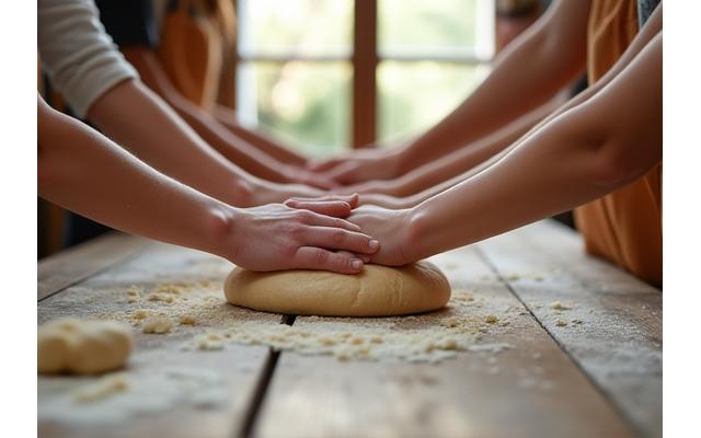 Hands-on culinary workshop with participants kneading dough, focused on their work, in a bright, inviting kitchen.