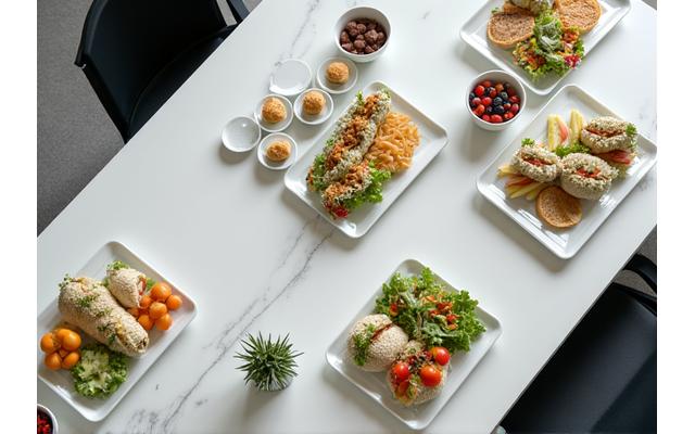 A professional corporate lunch meeting with an array of individually packed gourmet sandwiches, salads, and fruit bowls on a modern conference table.
