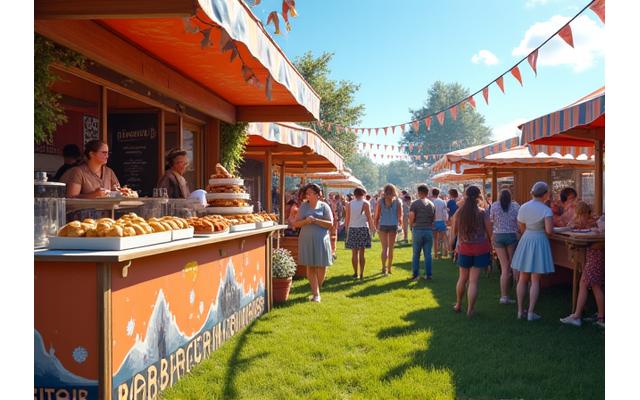 A lively outdoor food festival scene with Blossom & Grain Provisions branding on a vibrant food stall, happy customers, and various baked goods on display.