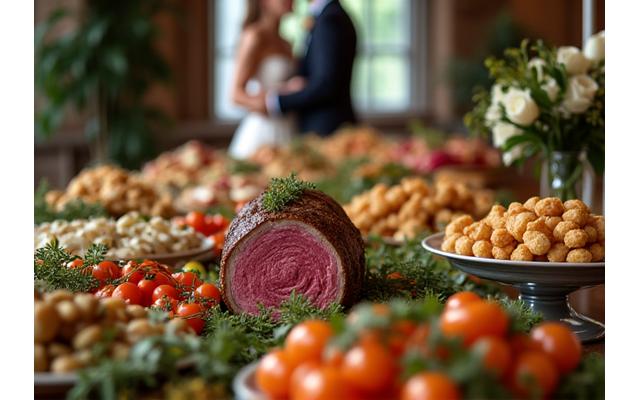 A beautifully styled wedding buffet table with elegantly presented gourmet dishes, floral decorations, and a happy couple in the background.